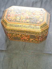 Antique 19th Century Kashmiri Lacquered Papier Mache box featuring ornate floral and bird motifs