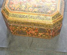 Antique 19th Century Kashmiri Lacquered Papier Mache box featuring ornate floral and bird motifs