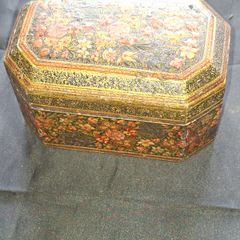 Antique 19th Century Kashmiri Lacquered Papier Mache box featuring ornate floral and bird motifs