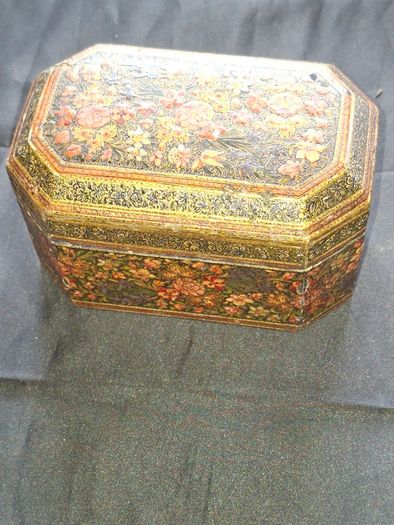 Antique 19th Century Kashmiri Lacquered Papier Mache box featuring ornate floral and bird motifs