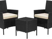 _Polyrattan Garden Furniture, Set with 3 Pieces, Garden Table with 2 Chairs, Side Table with Tempered Glass Top, 2 Removable Cushions, for the Patio, Garden, Balcony
