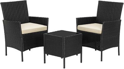 _Polyrattan Garden Furniture, Set with 3 Pieces, Garden Table with 2 Chairs, Side Table with Tempered Glass Top, 2 Removable Cushions, for the Patio, Garden, Balcony