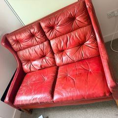 Vintage Red Leather Tufted High-Back Loveseat / 2-Seater Sofa