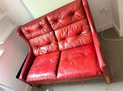 Vintage Red Leather Tufted High-Back Loveseat / 2-Seater Sofa