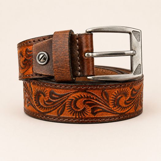 Unisex Genuine Leather Belt Vintage Embossed Design with Antique Buckle Casual & Formal Waist Belt