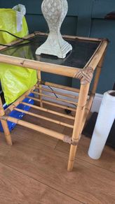 Vintage Bamboo & Glass Side Table / Bedside Table with Lower Shelf