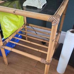 Vintage Bamboo & Glass Side Table / Bedside Table with Lower Shelf