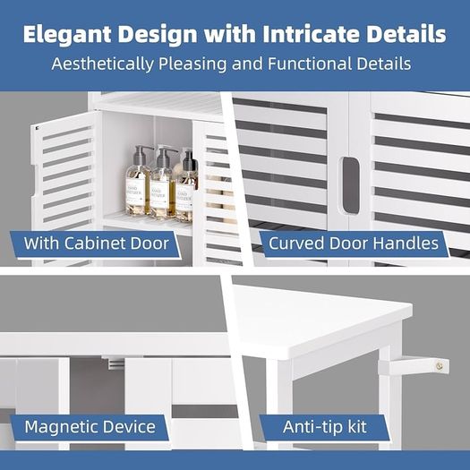 Bathroom Floor Storage Cabinet, Freestanding Bamboo Side Storage Organizer with Double Doors and Open Shelves, Space Saving Small Kitchen Cupboard, Whit
