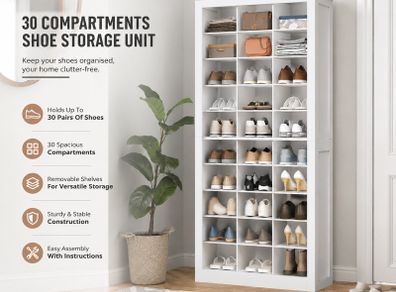 Shoe Storage Unit with 30 Compartments White