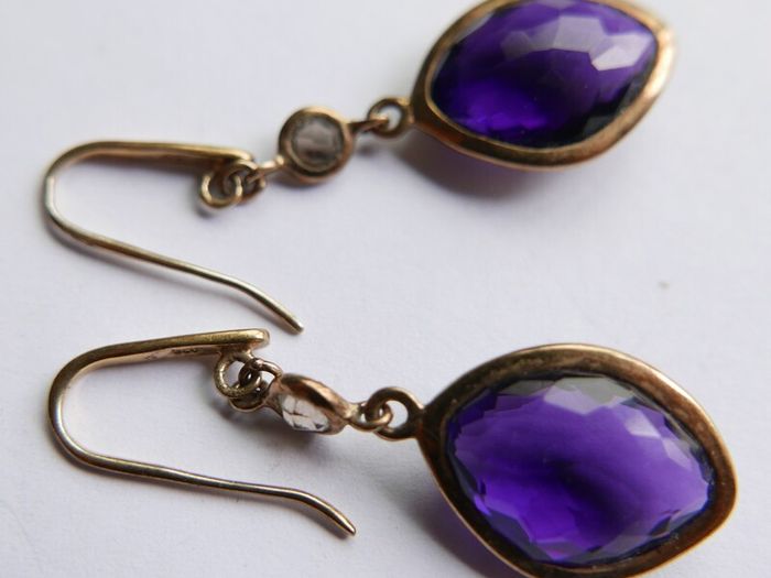 Vintage 925 Sterling Silver Gold Plated Amethyst Hook Drop Earringss