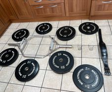Olympic Hex Shrug Deadlift Bar, Full Set Olympic Bumper Weight Plates + Weight Belt!