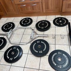 Olympic Hex Shrug Deadlift Bar, Full Set Olympic Bumper Weight Plates + Weight Belt!
