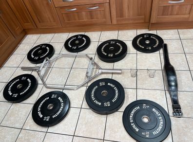 Olympic Hex Shrug Deadlift Bar, Full Set Olympic Bumper Weight Plates + Weight Belt!