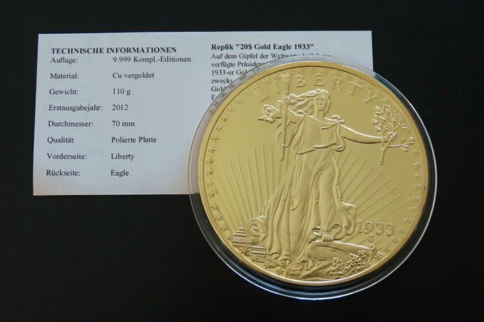 24K Gold Layered Giant (110 grams) Commemorative Replica 2012 of Gold Double Eagle 1933