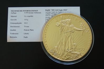 24K Gold Layered Giant (110 grams) Commemorative Replica 2012 of Gold Double Eagle 1933