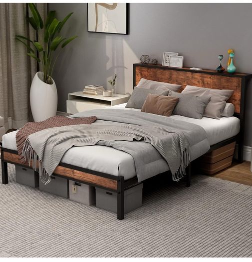 Double Bed Frame with Wooden Storage Shelf Headboard, Metal Platform