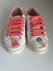 Zara girls white leather ice cream with pink laces summer trainers Sz UK7/EU 24 EUC