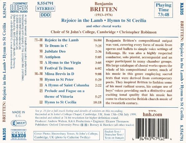 Britten. Rejoice in the Lamb. CD. Free Postage!