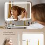 Makeup Table with Mirror and Stool, Vanity Dressing Table Set with 3 Color Adjustable Brightness LED Lights, 2 Large Storage Drawers and Metal Frame for Bedroom, White and Gold Image 5