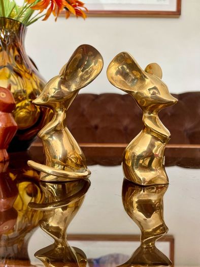 Two Vintage Stylised Big Eared Brass Mouse Figurines Brass Mice Ornaments 1970s