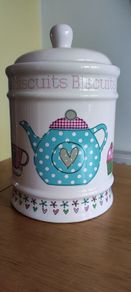 Vintage Afternoon Tea, Muffin & Colourful Heart Motif Round Lidded Kitchen Counter Biscuits and Cookie Jar | Storage Canister Kitchenalia