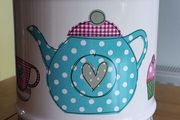 Vintage Afternoon Tea, Muffin &amp; Colourful Heart Motif Round Lidded Kitchen Counter Biscuits and Cookie Jar | Storage Canister Kitchenalia