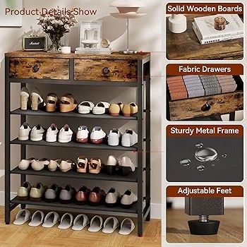 5 Tier Shoe Rack with 2 Drawers, Shoe Storage Organizer for 12-16 Pairs of Shoes, Modern Shoe Stand with Fabric Shelf for Entryway Closet Bedroom, Rustic Brown