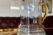 Vintage Handblown Etched Glass Pitcher with Amber Handle