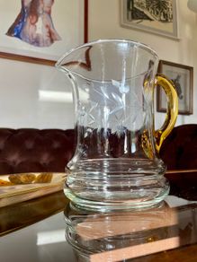 Vintage Handblown Etched Glass Pitcher with Amber Handle