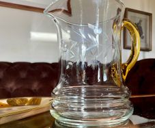 Vintage Handblown Etched Glass Pitcher with Amber Handle