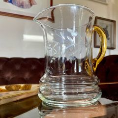 Vintage Handblown Etched Glass Pitcher with Amber Handle