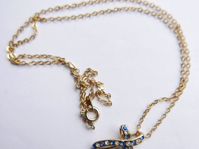 Vintage Gold Plated and Blue Austrian Crystal Cross Necklace length 16"