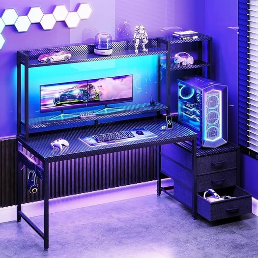 Gaming Desk with Drawers & Display Shelves, 138/48 cm Computer Desk with LED Lights & Sockets, Reversible PC Gaming Table with Monitor Stand, Carbon Fiber Black