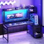Gaming Desk with Drawers & Display Shelves, 138/48 cm Computer Desk with LED Lights & Sockets, Reversible PC Gaming Table with Monitor Stand, Carbon Fiber Black Image 2