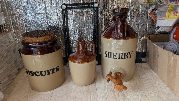 Vintage Pearsons of Chesterfield Stoneware Kitchen Set, Biscuits Jar, Sherry Dispenser and jar