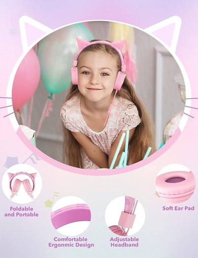 NEW SALE | Cat Ear Kids Headphones with Microphone for School, Volume Limiter 85/94dB, Wired Girls Headphones with Foldable Design