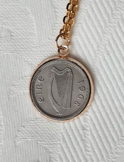 Old Irish threepence coins hare and harp in a gold coloured pendant necklace with FREE STANDARD POSTAGE INCLUDED