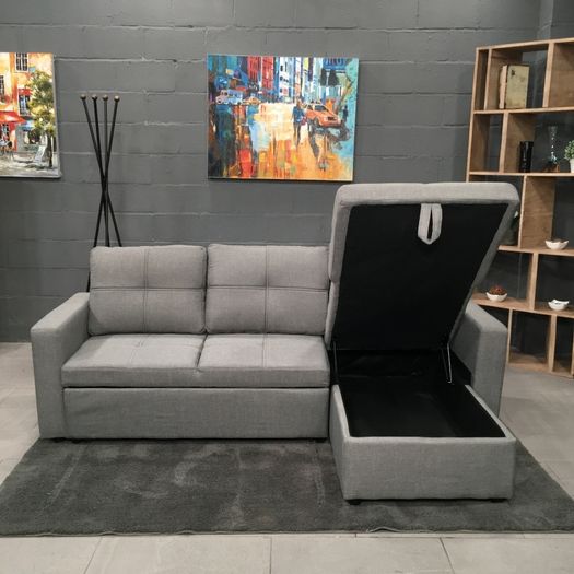Sofa bed chaiselongue with storage Light Grey fabric.