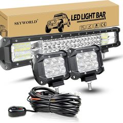 Triple Row 20 inch 288W 10-30V LED Light Bar IP67 Waterproof Off Road Led Bar Flood Spot Combo Beam for Truck ATV 4x4 + 2 x 18W 4 inch Flood LED Pods Work Light With Wiring Harness Kit