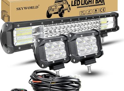 Triple Row 20 inch 288W 10-30V LED Light Bar IP67 Waterproof Off Road Led Bar Flood Spot Combo Beam for Truck ATV 4x4 + 2 x 18W 4 inch Flood LED Pods Work Light With Wiring Harness Kit