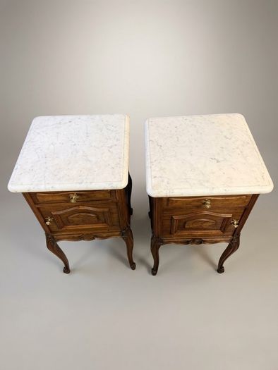 Exceptional Pair of Early 20th-Century Walnut & Marble-Top Bedside Cabinets