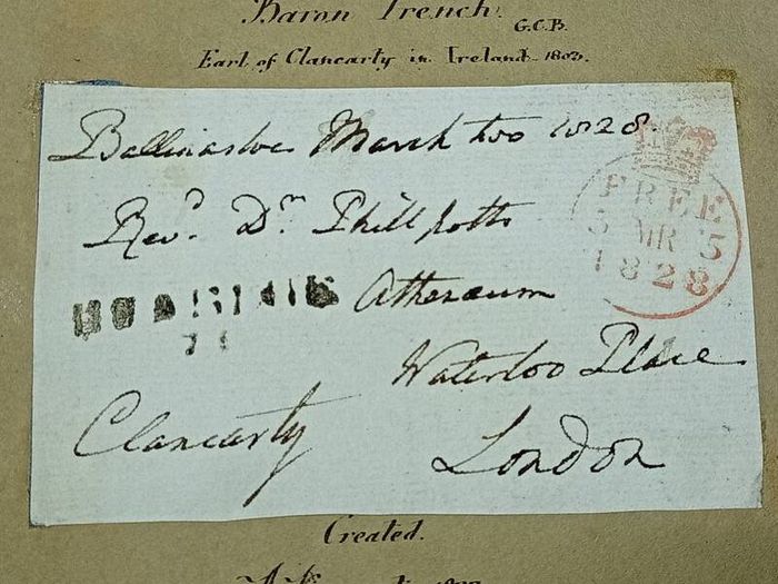 1828 Signed Irish Free Frank. Earl of Clancarty Ballinasloe. Napoleonic Diplomat Memorabilia.