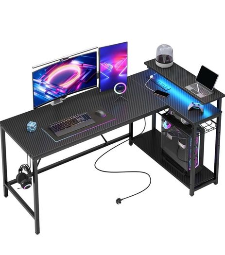 147CM L-Shaped Gaming Desk with RGB Lights & Power Outlets