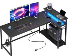 147CM L-Shaped Gaming Desk with RGB Lights & Power Outlets