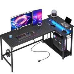 147CM L-Shaped Gaming Desk with RGB Lights & Power Outlets
