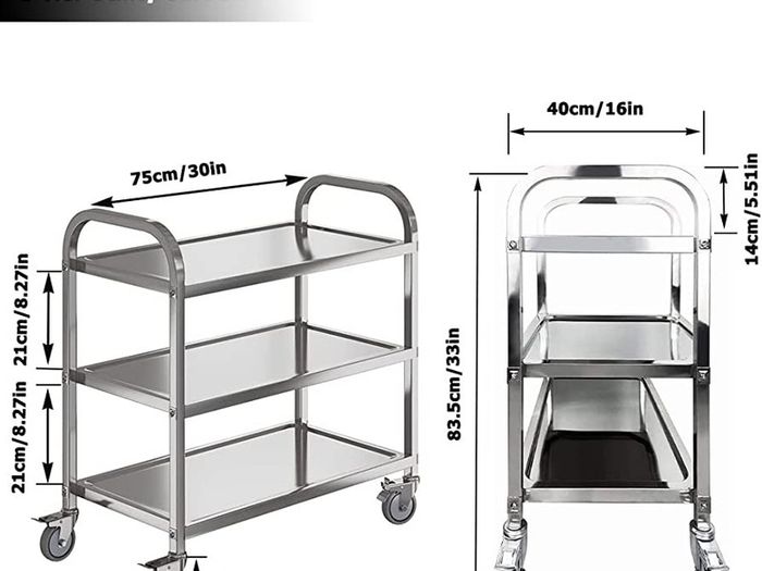 3 Tier Stainless Steel Catering Trolley Wheels Utility Cart Kitchen Cart Serving Trolley with Locking Wheels for Kitchen Hotels - 750x400x835MM (FREE POSTAGE)
