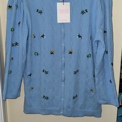 Savida Light Blue Floral Knitted Style 3/4 Sleeve Cardigan