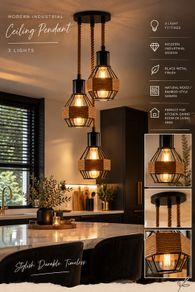 Black Rope and Wood 3 Light Ceiling Pendant Brand New