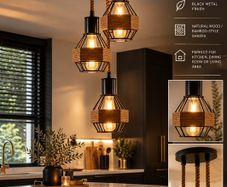 Black Rope and Wood 3 Light Ceiling Pendant Brand New