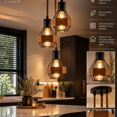 Black Rope and Wood 3 Light Ceiling Pendant Brand New